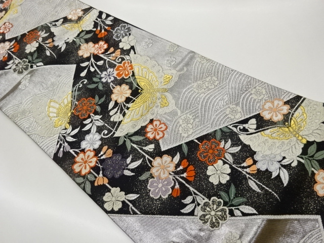 JAPANESE FUKURO OBI / WOVEN BUTTERFLY & WEEPING SAKURA